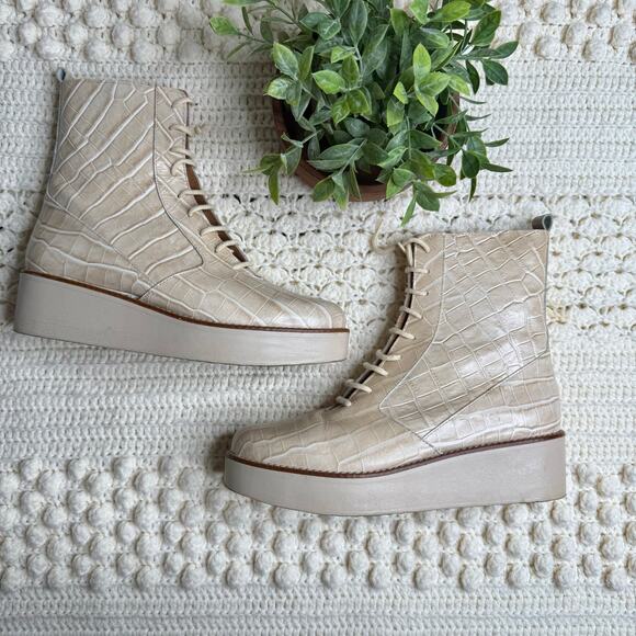 ANTHROPOLOGIE Women's 41 US 10 Stompy Platform Lace Up Boot Cream Alligator - Picture 5 of 16